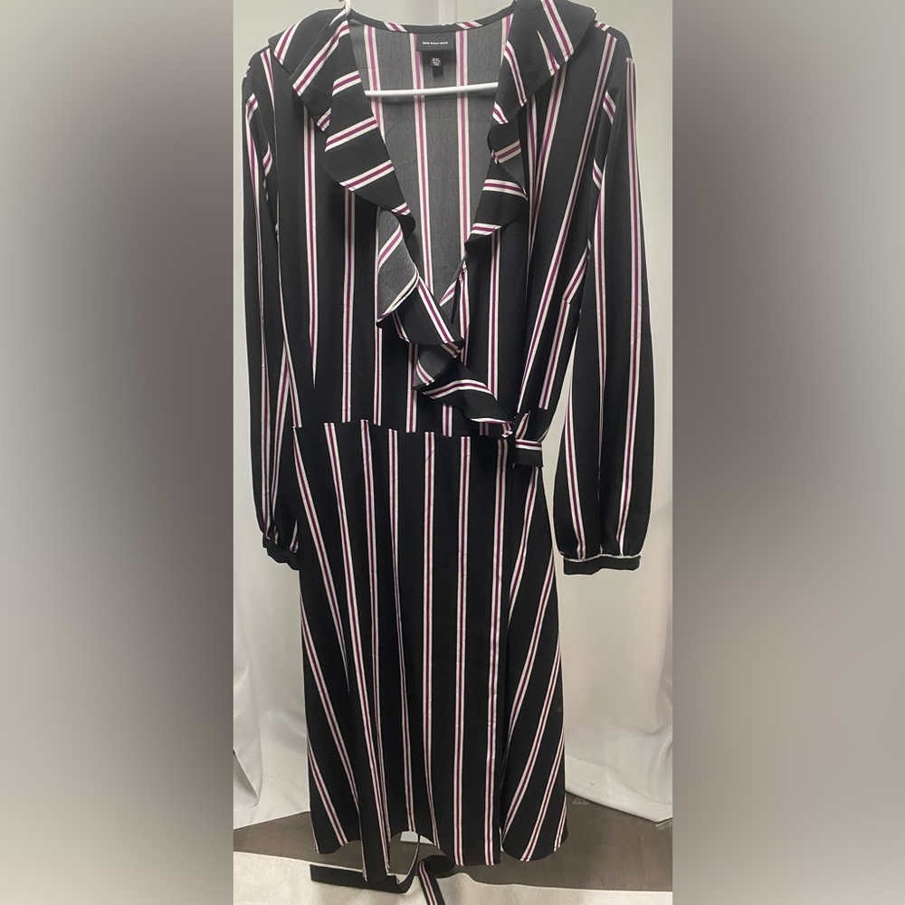 Who What Wear Black Stripe Ruffle Wrap Dress